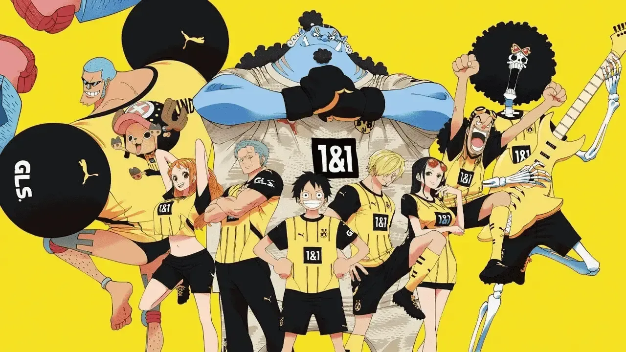 One Piece characters Luffy, Zoro, Sanji, Nami, Robin, Chopper, Usopp, Jinbe, Franky, Jinbe, and Brook in Dortmund jerseys.