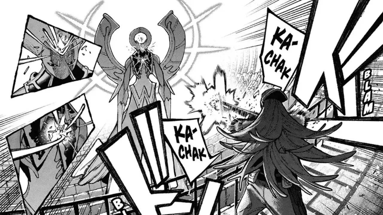 Mildretta tries to shoot Mymo's new form.