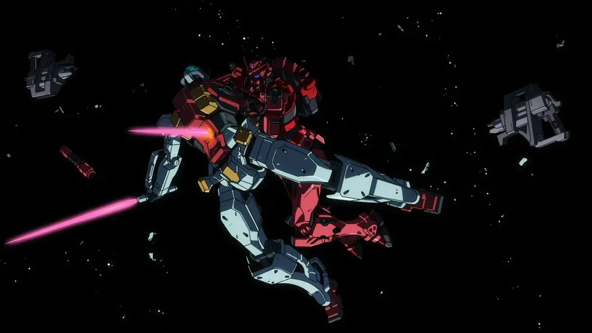 Image of the Red Gundam stabbed Gelgoog's cockpit from GQuuuuuuX
