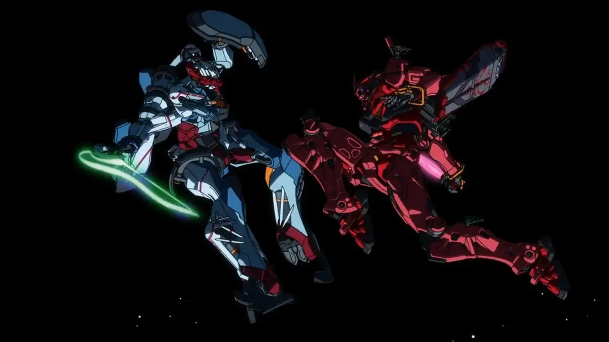 The fight between GQuuuuuuX and Red Gundam