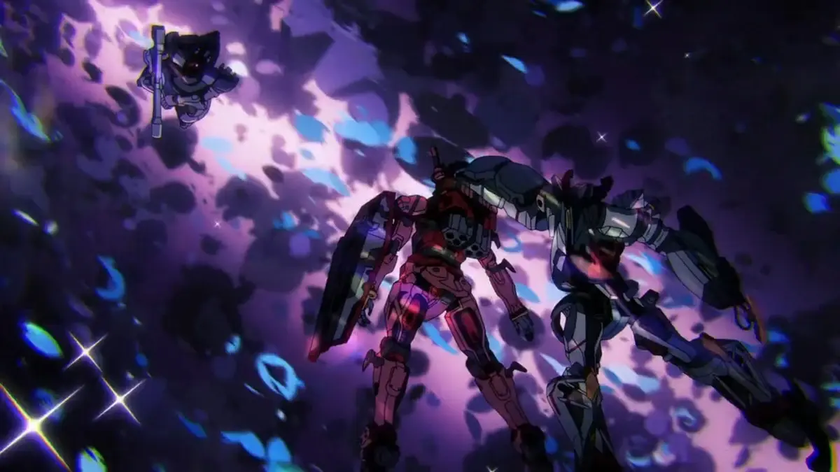 Image of Gundam GQuuuuuuX using Red Gundam as shield from Rick Dom