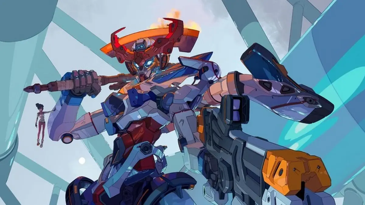 An image of Gundam GQuuuuuuX with its signature Heat Hawk and Beam Rifle